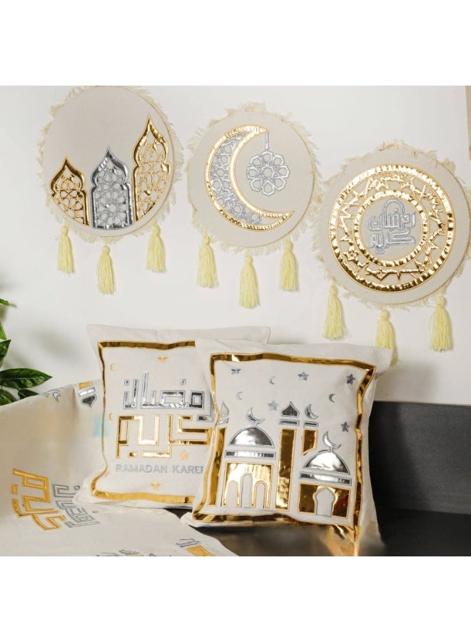 i diD 6-Piece Luxury Ramadan Decor Set - Gold Embroidered Cotton Duck - Table Runner (140x42cm), 2 Cushion Covers (42x42cm) & 3 Wall Hangings - Image 1